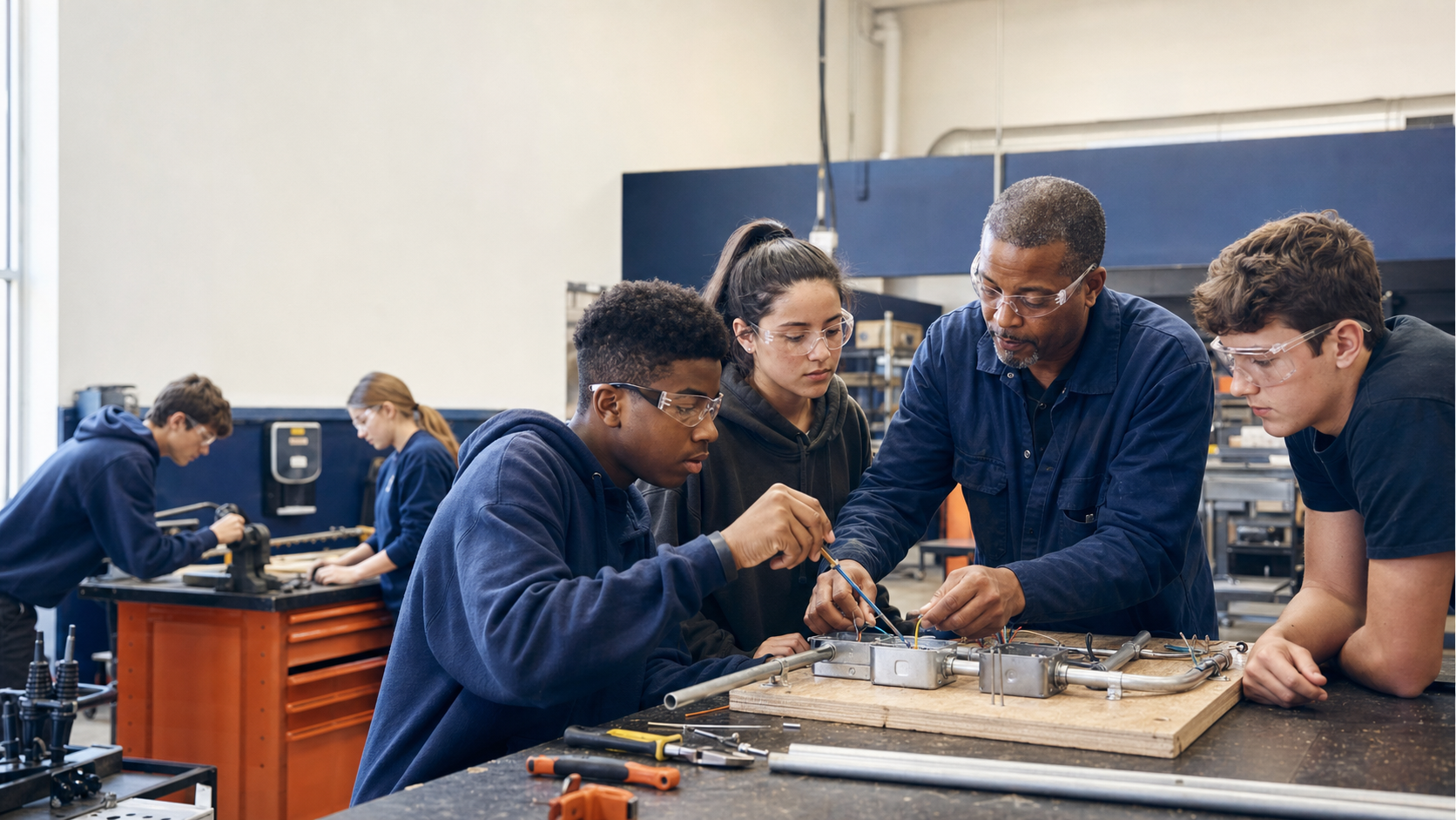 Teenagers learning electrical skills with an instructor in a vocational workshop